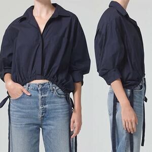NEW Citizen of Humanity Alexandra Cotton Collared Poplin Crop Top Navy Size: M